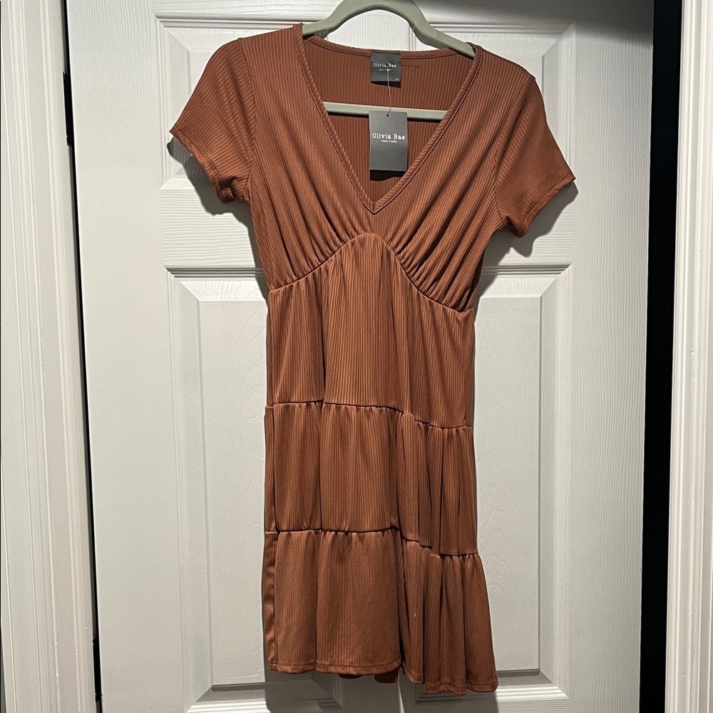 Olivia + Joy Rust Brown Mini V-Neck Tiered Dress